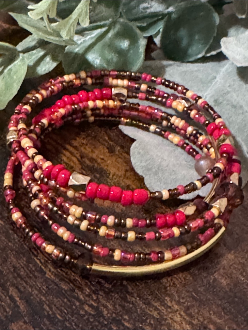 Artisan Red and Cream Beaded Wrap Bracelet with Gold Accents